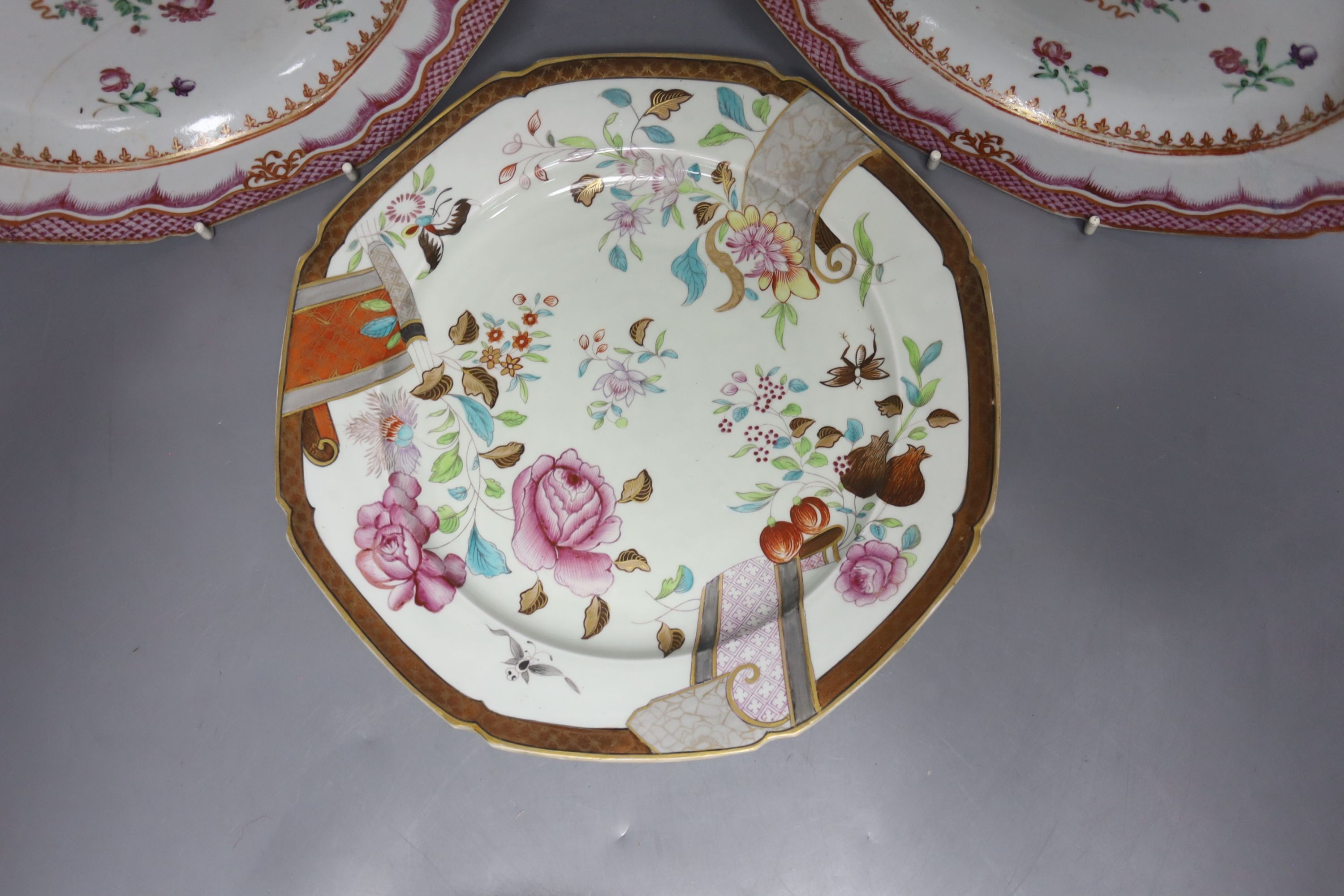 Four Chinese famille rose dishes or plates, 18th century and later, largest 24cm